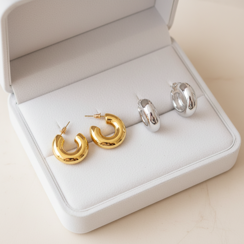 1 paar goud en 1 paar zilver chunky creolen in sierdoos