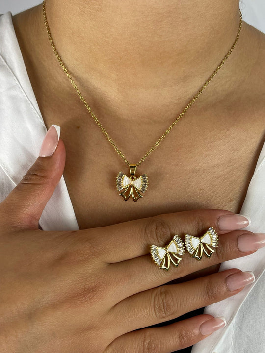 Romantische Strik Set - Collier & Oorknopjes 18K Verguld