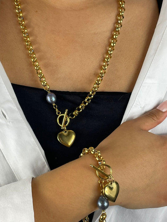 Hoogwaardige Sieradenset – 18k Verguld Roestvrij Staal – Collier, Armband & Oorbellen met Hart Hanger