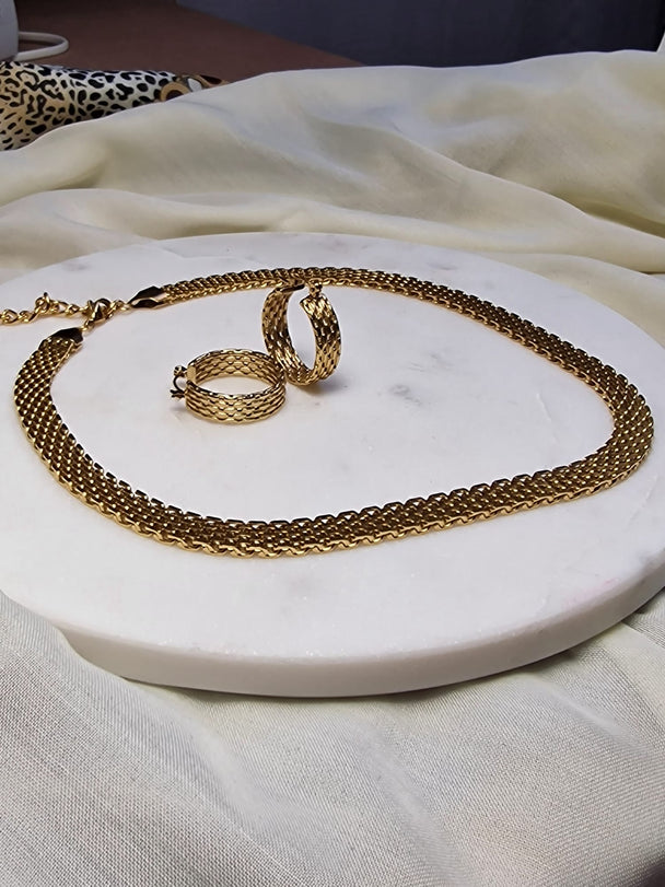 Mand Vlecht Sieradenset – Collier & Oorbellen – 18k Verguld Roestvrij Staal