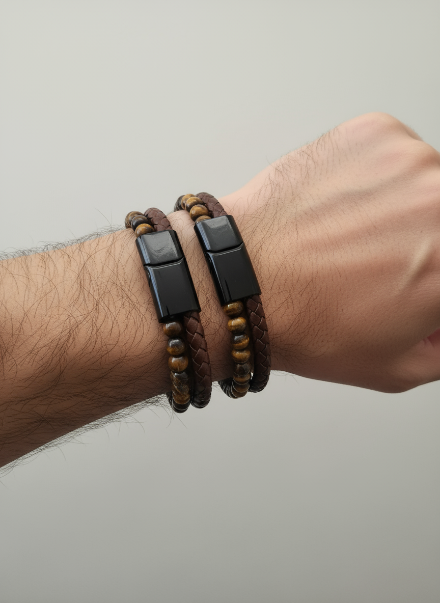 2 dubbele zijdige heren armbanden bruin op mannenpols