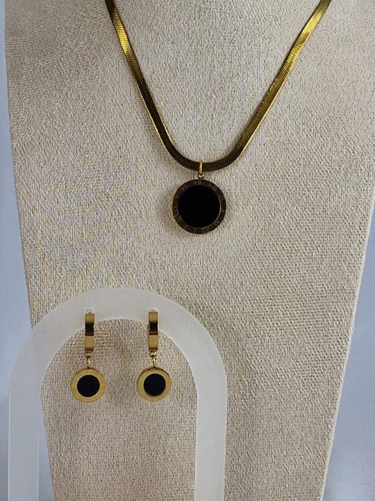 Roestvrijstaal Set met Zwarte Steen - Ketting en Oorbellen