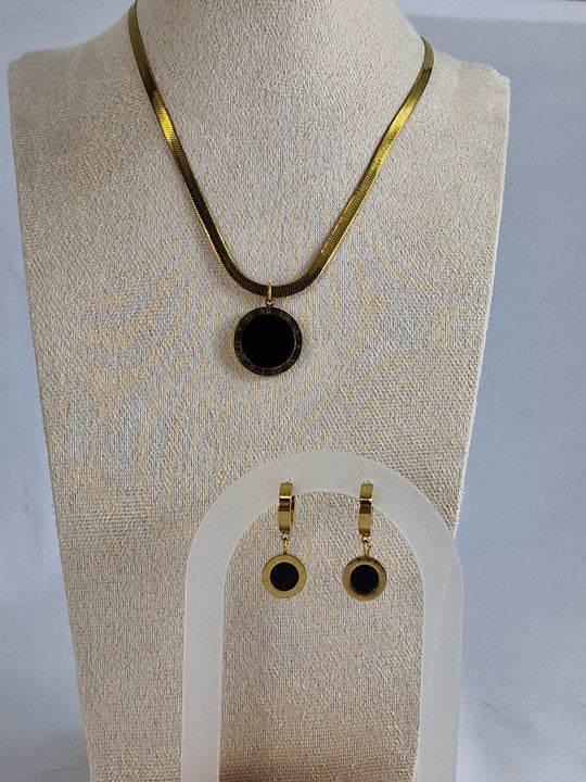 Roestvrijstaal Set met Zwarte Steen - Ketting en Oorbellen