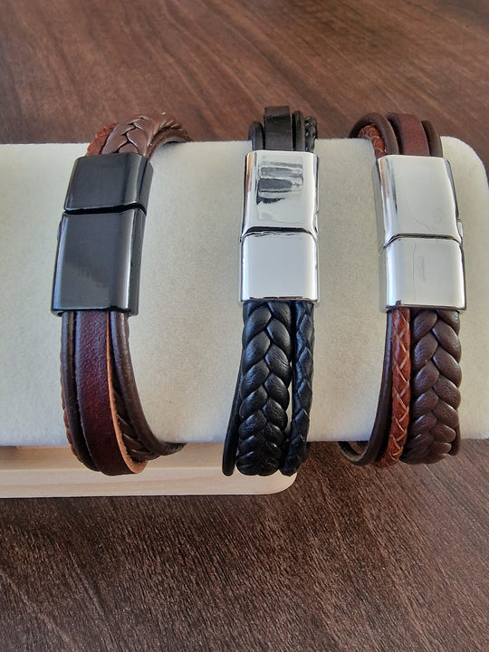 Leren Heren Armbanden Magneetsluiting Zilver/Zwart/Goud