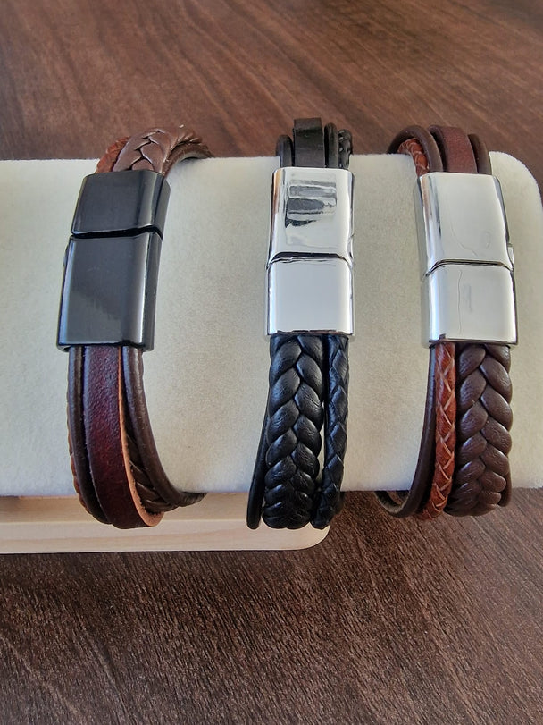 Leren Heren Armbanden Magneetsluiting Zilver/Zwart/Goud