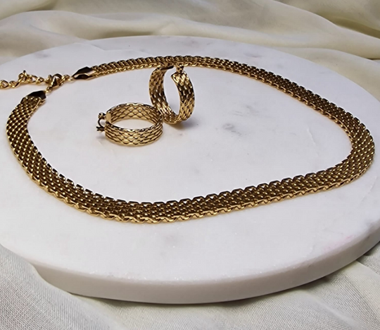 Mand Vlecht Sieradenset – Collier & Oorbellen – 18k Verguld Roestvrij Staal
