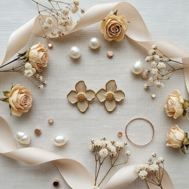 Bloem oorknopjes beige goud met elegante elementen - mooier