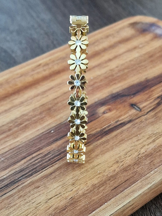 Damenarmband aus Edelstahl mit Blumenmotiv, 14 Karat vergoldet