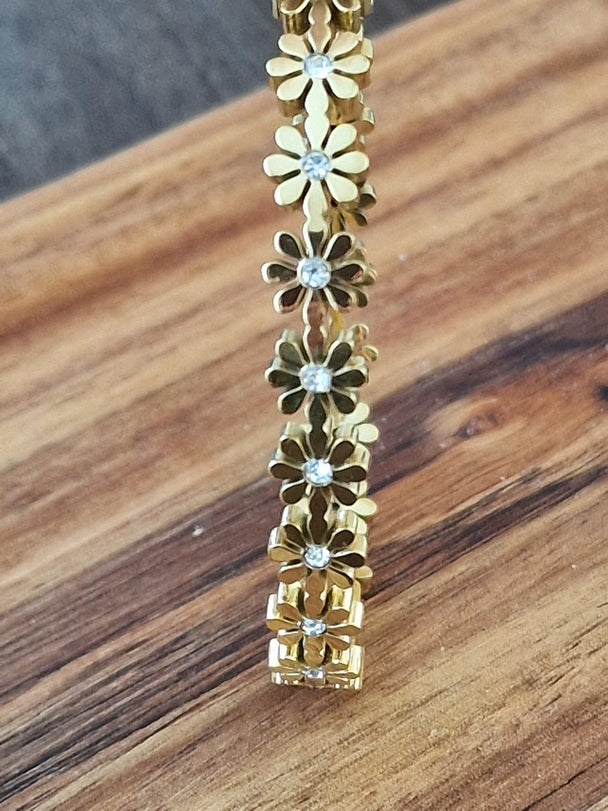 Damenarmband aus Edelstahl mit Blumenmotiv, 14 Karat vergoldet