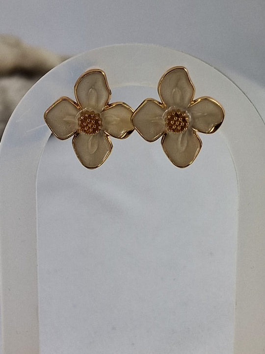 Bloemen Oorknopjes - 14K Verguld Beige/Crème