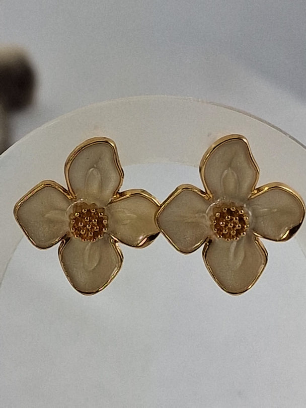 Bloemen Oorknopjes - 14K Verguld Beige/Crème
