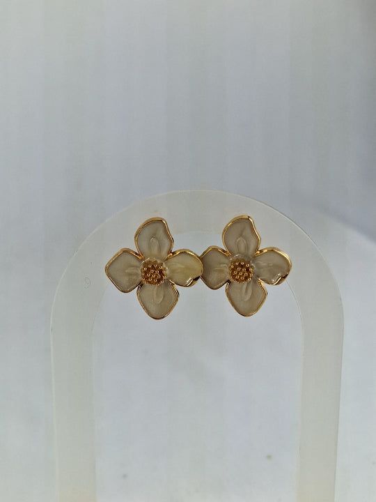 Bloemen Oorknopjes - 14K Verguld Beige/Crème