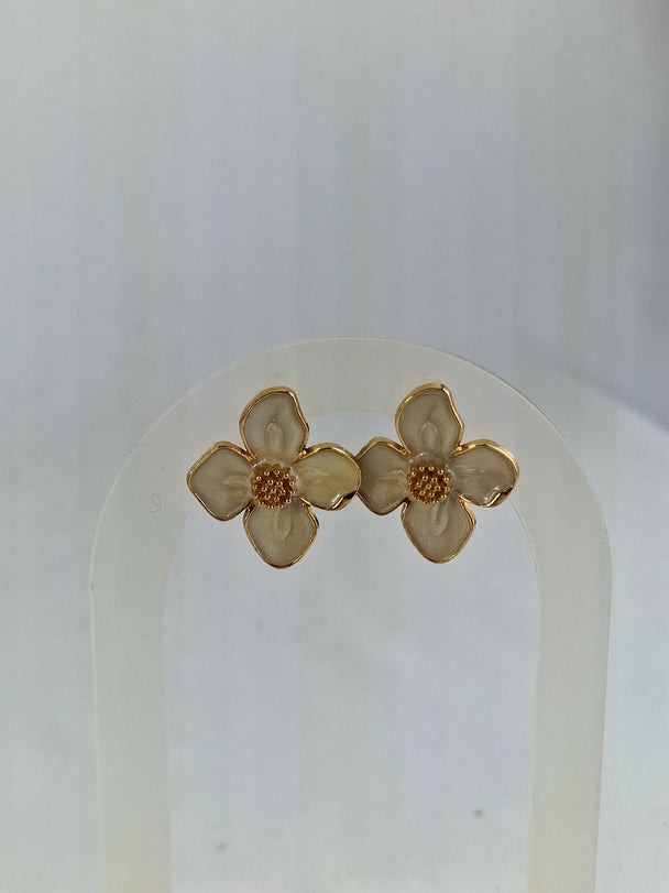 Bloemen Oorknopjes - 14K Verguld Beige/Crème