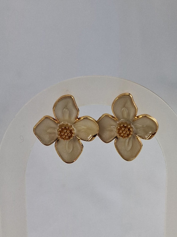 Bloemen Oorknopjes - 14K Verguld Beige/Crème