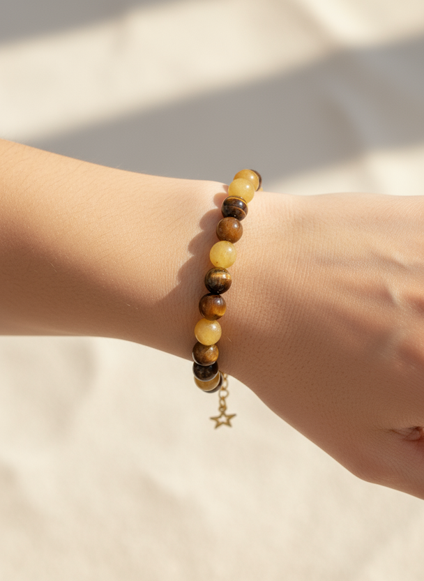 Bruine kristallen armband op model