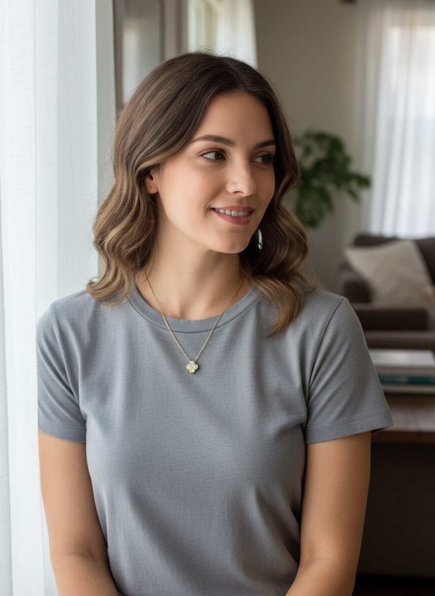 Casual look met kristallen bloem ketting