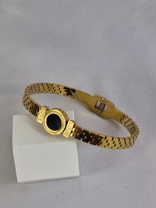 Damenarmband aus Edelstahl – 14 Karat vergoldet – Schwarzer Stein &amp; Liebe