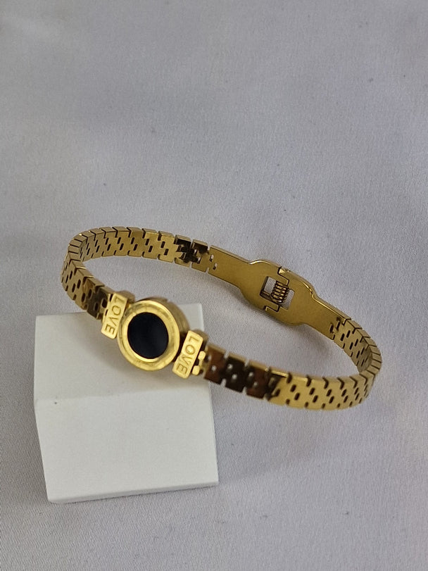 Damenarmband aus Edelstahl – 14 Karat vergoldet – Schwarzer Stein &amp; Liebe