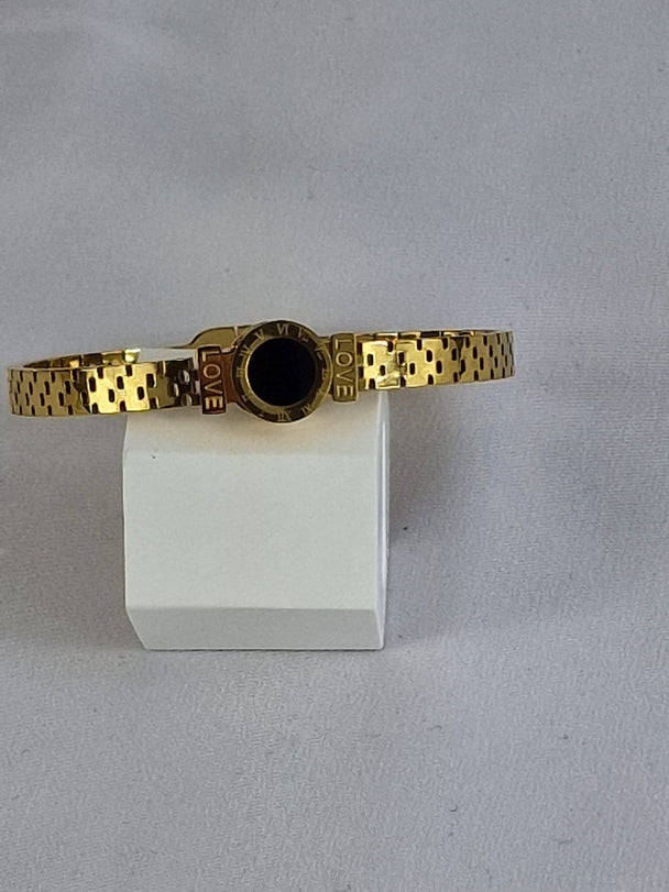 Damenarmband aus Edelstahl – 14 Karat vergoldet – Schwarzer Stein &amp; Liebe