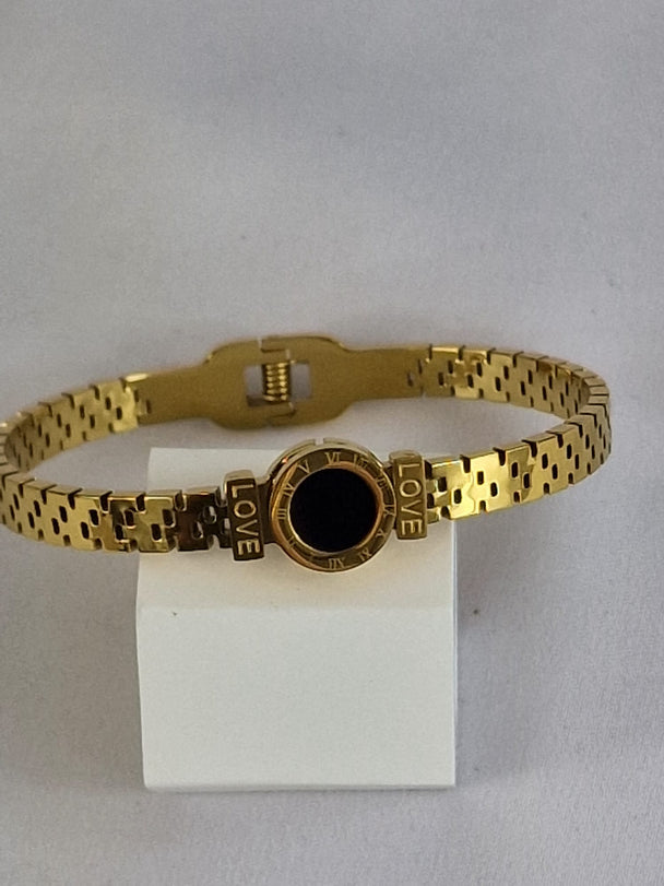Damenarmband aus Edelstahl – 14 Karat vergoldet – Schwarzer Stein &amp; Liebe