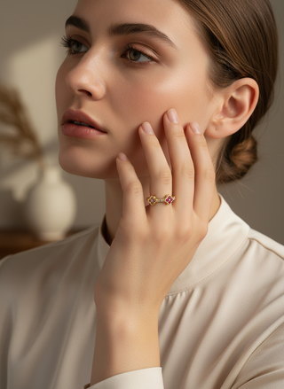 Close-up hand met ring bij gezicht