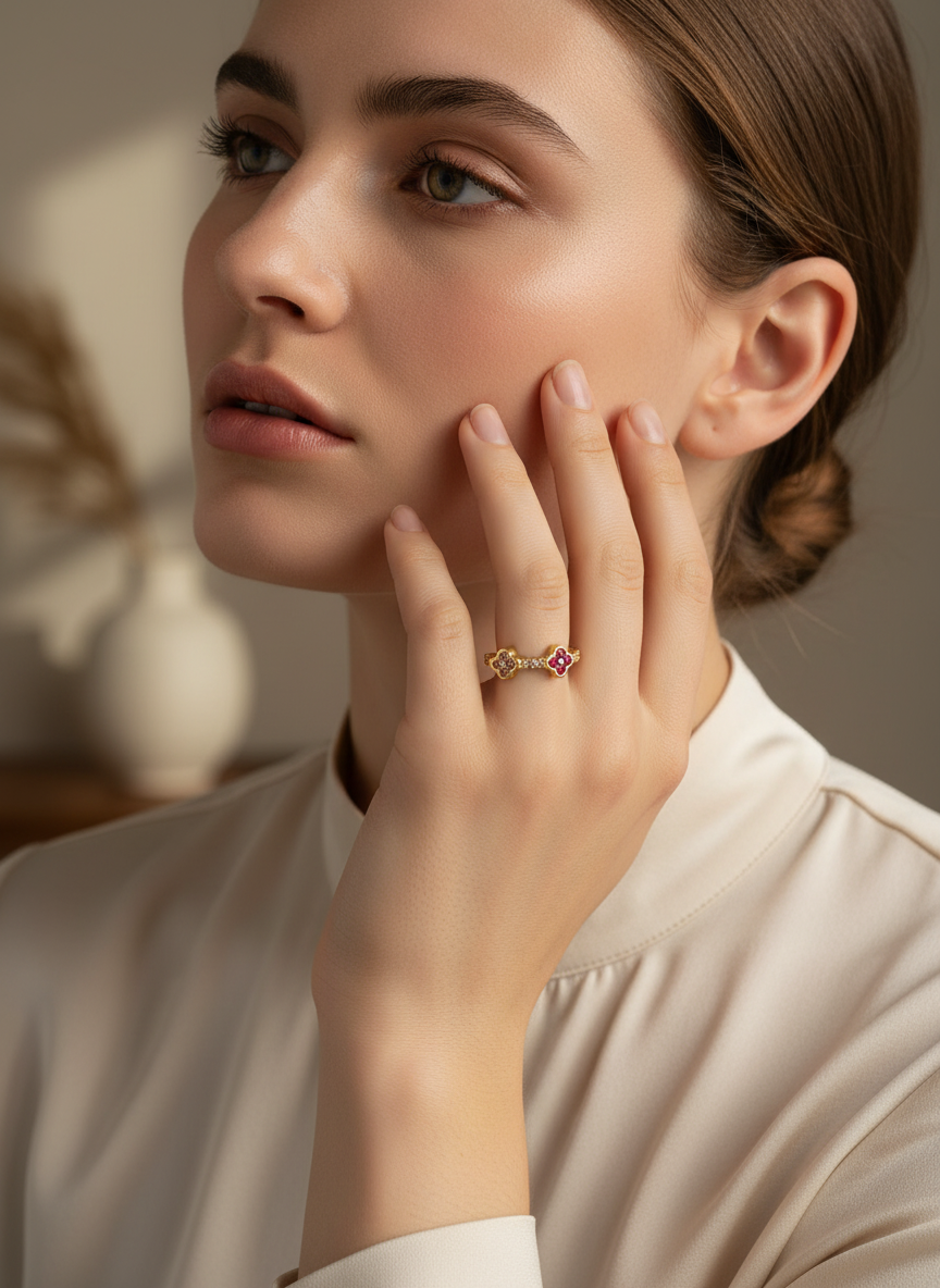 Close-up hand met ring bij gezicht