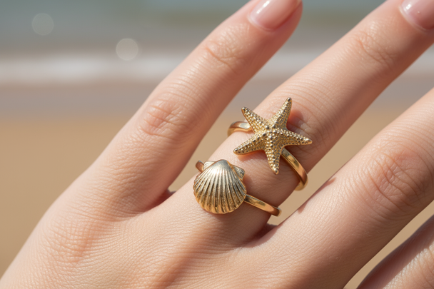 Close-up van zeester en schelp ring