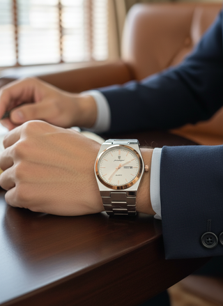 Close-up van zilver-rosé horloge