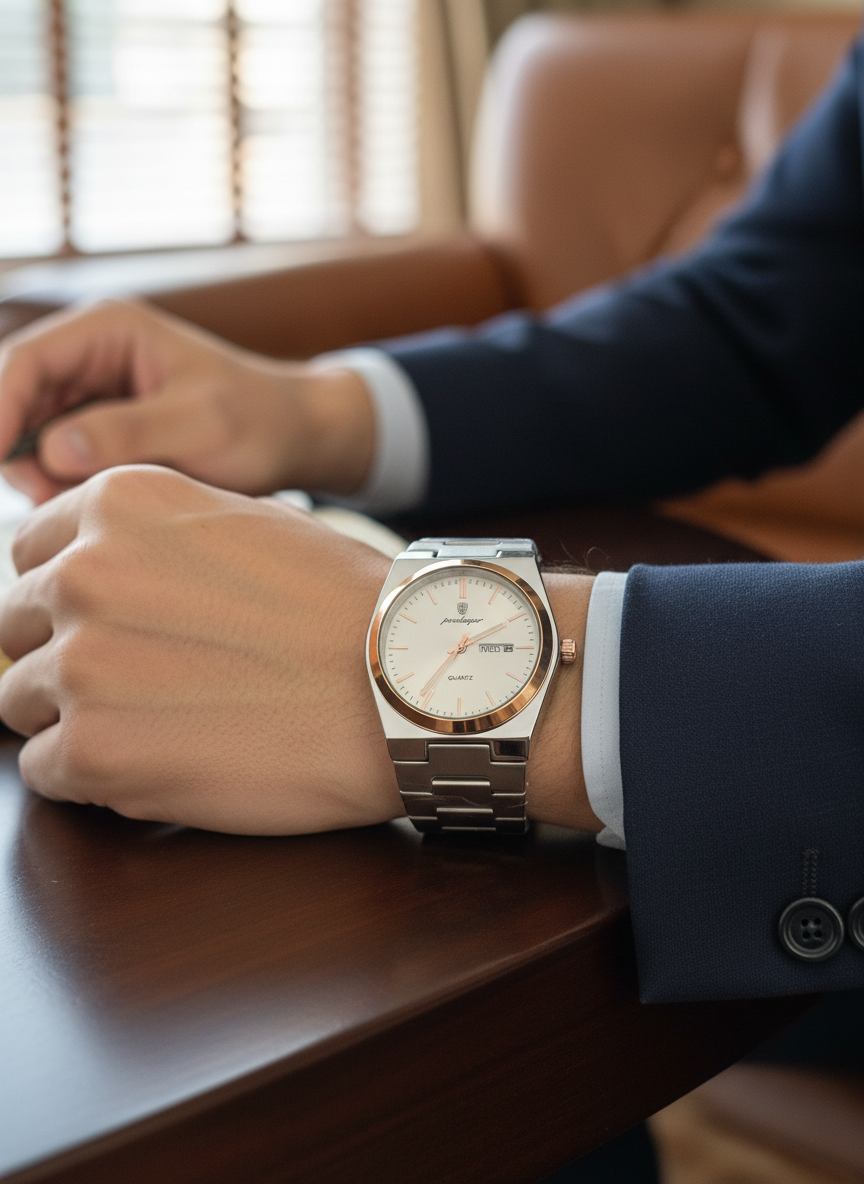 Close-up van zilver-rosé horloge