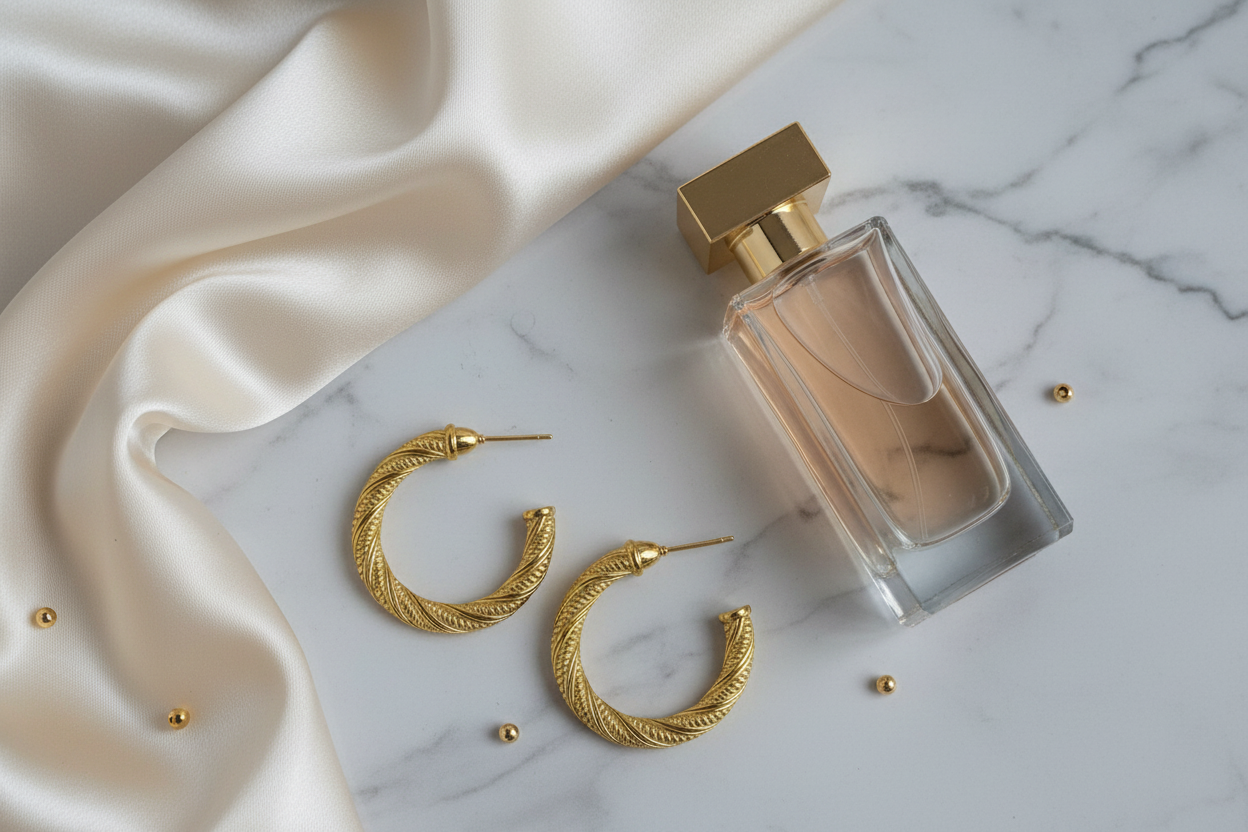 Creolen op wit marmer met satijn en parfum