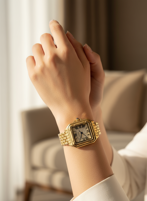 Dames horloge goudkleur quartz op model