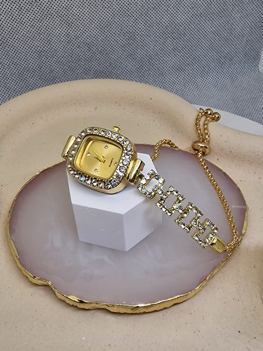 Luxe Dameshorloge Goudkleurig met Kristallen - Verstelbaar Polsbandje