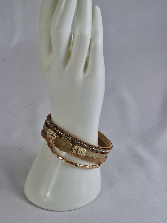 Boho Leren Dames Armband - Goud/Beige met Kristalsteen