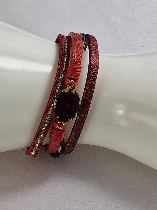 Boho Leren Dames Armband - Paars met Zwarte Kristalsteen