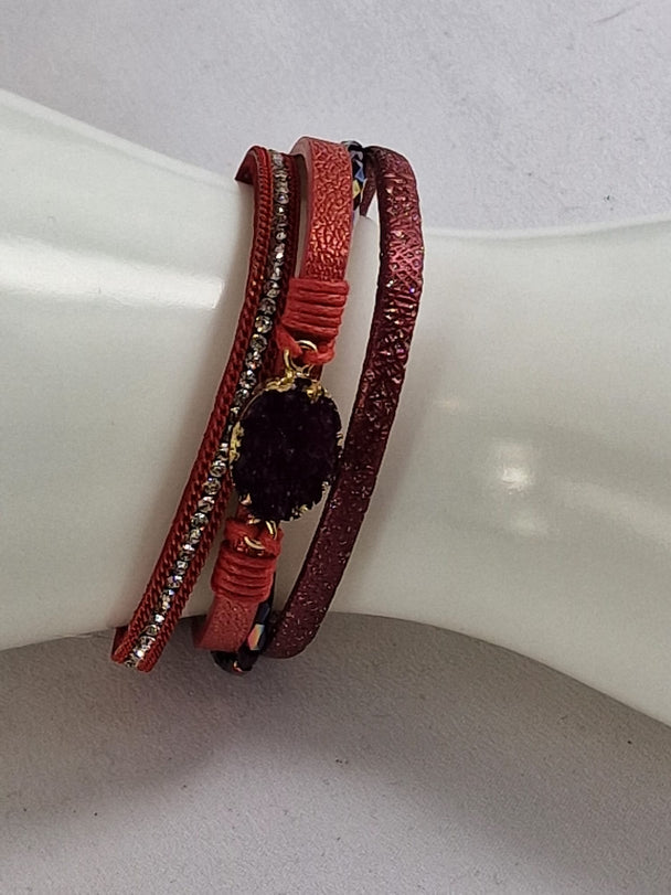 Boho Leren Dames Armband - Paars met Zwarte Kristalsteen