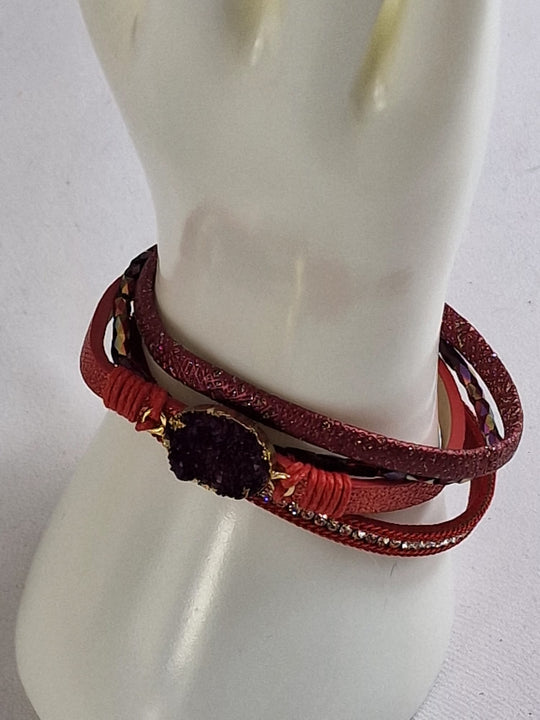 Boho Leren Dames Armband - Paars met Zwarte Kristalsteen
