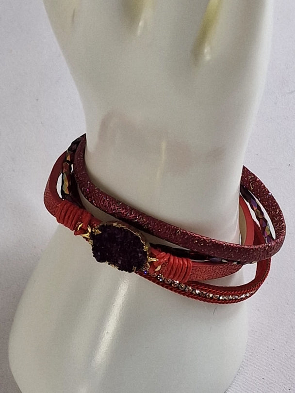 Boho Leren Dames Armband - Paars met Zwarte Kristalsteen