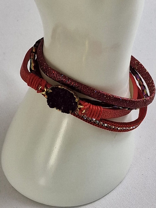 Boho Leren Dames Armband - Paars met Zwarte Kristalsteen