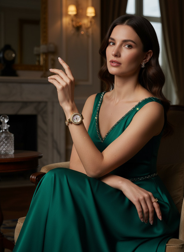 Elegante avondlook met gouden kristallen horloge