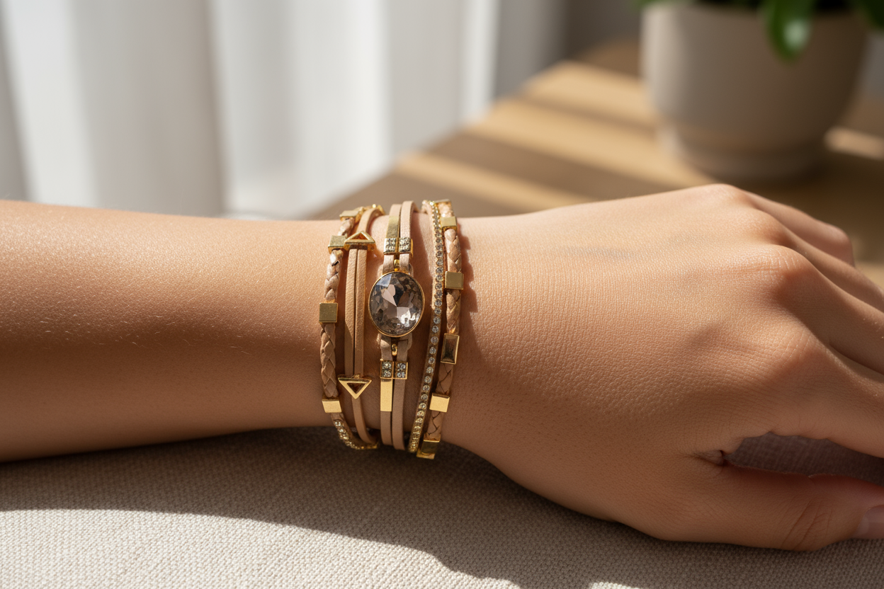 Elegante look met beige leren armband