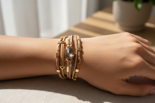 Elegante look met beige leren armband