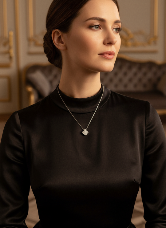 Elegante look met kristallen bloem ketting