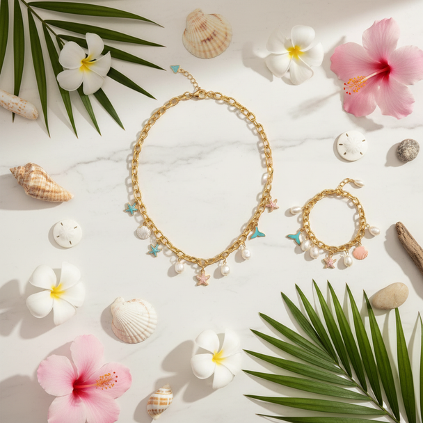 Flat lay met bloemen en schelpen