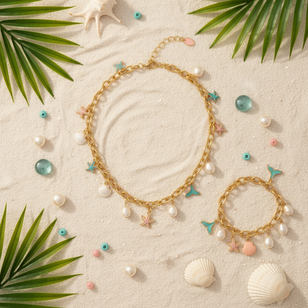 Flat lay op zand met palmbladeren