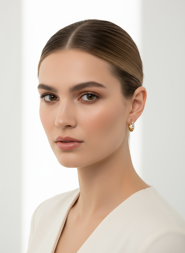 Frontaal model met witte zirkonia creolen