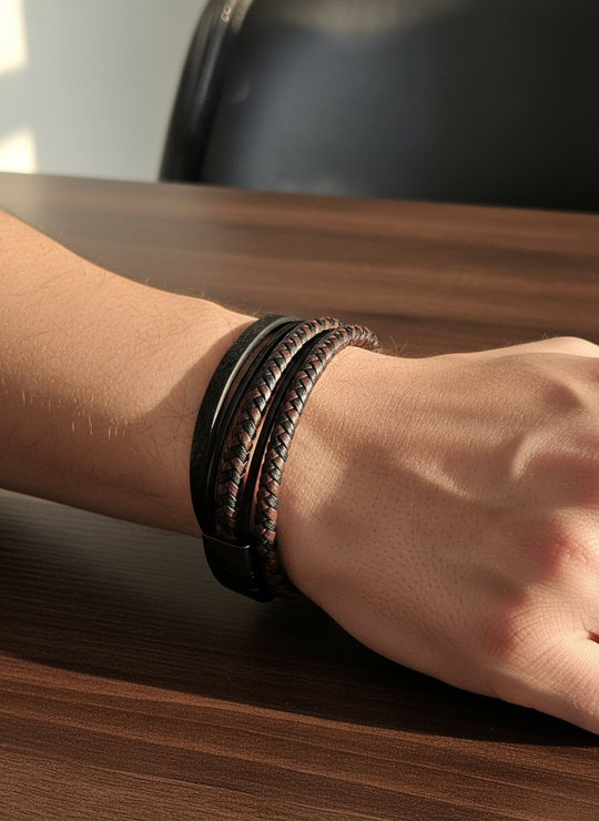 Gevlochten leren armband op model