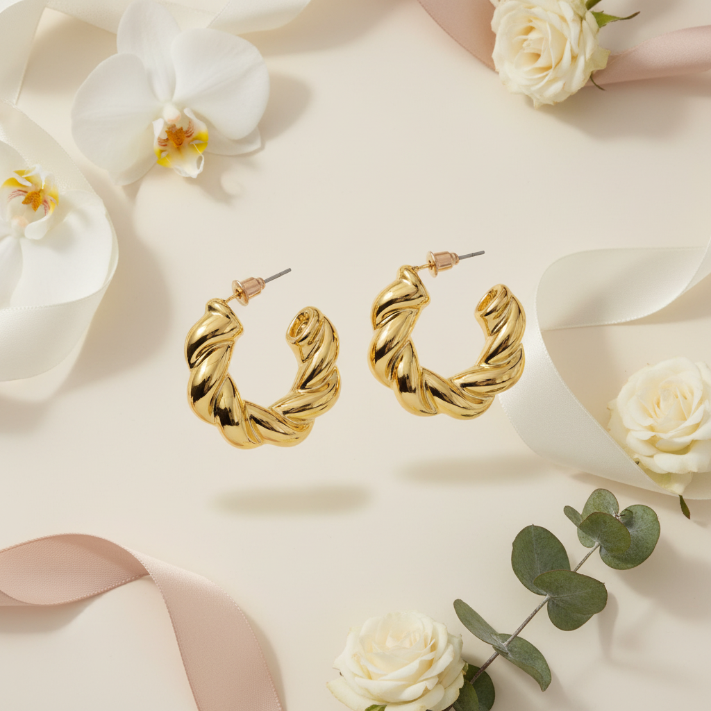 Goud twisted hoops met florale elementen