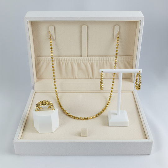 Gouden Bolletjes Set - Ketting, Oorbellen & Armband in Luxe Doos