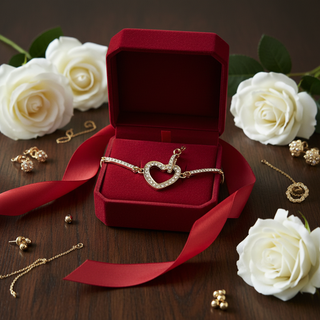 Gouden hart armband in luxe rode doos met rozen