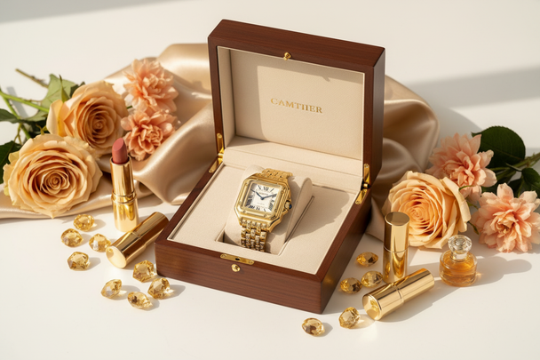 Gouden horloge in luxe doos met bloemen en gouden accenten